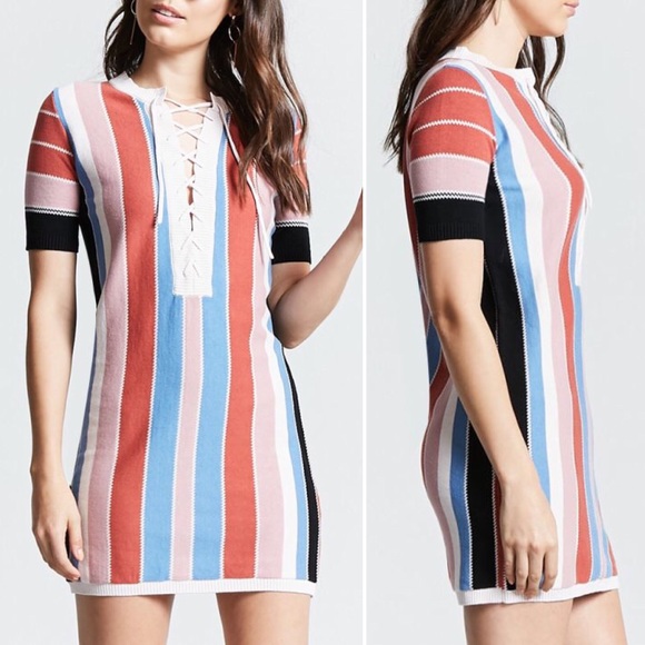 multicolored striped lace up dress - Picture 2 of 4